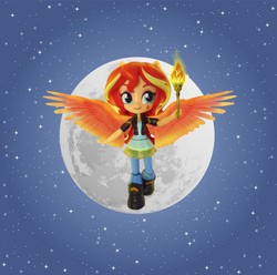 Size: 1249x1241 | Tagged: safe, artist:whatthehell!?, sunset shimmer, equestria girls, g4, boots, clothes, doll, dress, equestria girls minis, irl, jacket, moon, night, night sky, pants, photo, shoes, sky, stars, torch, toy, wings
