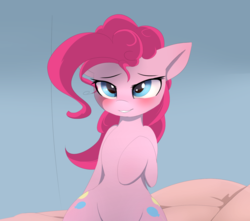Size: 1024x904 | Tagged: safe, artist:posionjoke, part of a set, pinkie pie, earth pony, pony, g4, bed, blushing, both cutie marks, cropped porn, implied sex, lidded eyes, on bed, simple background, smiling, solo