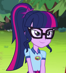 Size: 623x684 | Tagged: safe, screencap, sci-twi, twilight sparkle, equestria girls, g4, my little pony equestria girls: legend of everfree, bedroom eyes, camp everfree outfits, clothes, cropped, female, glasses, ponytail, smiling, solo