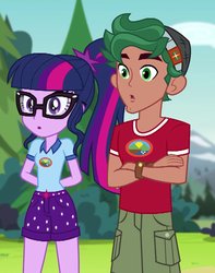 Size: 467x593 | Tagged: safe, screencap, sci-twi, timber spruce, twilight sparkle, equestria girls, g4, my little pony equestria girls: legend of everfree, arm behind back, camp everfree outfits, clothes, cropped, crossed arms, cute, female, glasses, male, ponytail, shorts