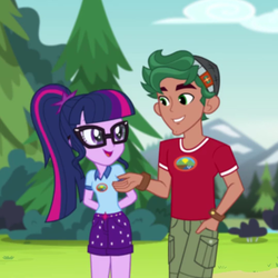 Size: 539x540 | Tagged: safe, screencap, sci-twi, timber spruce, twilight sparkle, equestria girls, g4, my little pony equestria girls: legend of everfree, arm behind back, camp everfree logo, camp everfree outfits, clothes, cropped, female, forest, glasses, hand in pocket, male, ponytail, shorts, smiling