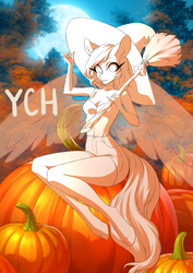 Size: 707x1000 | Tagged: safe, artist:glorious-rarien, anthro, advertisement, clothes, commission, halloween, holiday, pumpkin, your character here