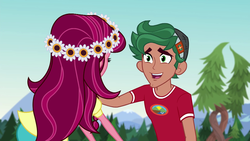Size: 1280x720 | Tagged: safe, screencap, gloriosa daisy, timber spruce, equestria girls, g4, my little pony equestria girls: legend of everfree, brother and sister, camp everfree outfits, female, forest, male, smiling