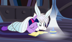 Size: 3313x1954 | Tagged: safe, artist:badumsquish, derpibooru exclusive, twilight sparkle, oc, oc:flūf, alicorn, monster pony, moth, mothpony, original species, pony, g4, antennae, badumsquish is trying to murder us, behaving like a moth, book, cabinet, cute, daaaaaaaaaaaw, dark, duo, eyes closed, eyes on the prize, female, fluffy, golden oaks library, hnnng, lamp, light, lying down, ocbetes, prone, sleeping, smiling, twiabetes, weapons-grade cute, wing blanket, wings
