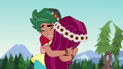 Size: 1280x720 | Tagged: safe, screencap, gloriosa daisy, timber spruce, equestria girls, g4, my little pony equestria girls: legend of everfree, brother and sister, camp everfree outfits, clothes, eyes closed, female, hug, male, smiling