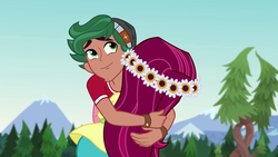 Size: 1280x720 | Tagged: safe, screencap, gloriosa daisy, timber spruce, equestria girls, g4, my little pony equestria girls: legend of everfree, brother and sister, camp everfree outfits, female, forest, hug, male, smiling