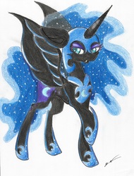 Size: 1621x2129 | Tagged: safe, artist:luxiwind, nightmare moon, alicorn, pony, g4, female, raised hoof, solo, traditional art