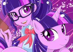 Size: 4093x2894 | Tagged: safe, artist:bonoramo, sci-twi, twilight sparkle, alicorn, human, pony, equestria girls, g4, blouse, book, bowtie, clothes, female, glasses, human ponidox, looking at you, mare, self ponidox