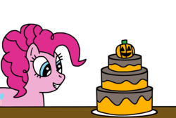 Size: 1024x689 | Tagged: safe, artist:marcospower1996, artist:mega-shonen-one-64, pinkie pie, earth pony, pony, g4, cake, food, halloween, holiday, jack-o-lantern, pumpkin