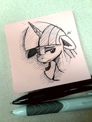 Size: 773x1030 | Tagged: safe, artist:post-it, twilight sparkle, pony, g4, bust, female, floppy ears, ink drawing, inktober, lidded eyes, looking away, mare, monochrome, pen, sad, simple background, sketch, sticky note, traditional art, white background