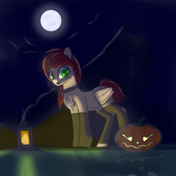 Size: 2000x2000 | Tagged: safe, artist:endelthepegasus, oc, oc only, oc:flappy smile, pegasus, pony, clothes, collar, female, halloween, high res, holiday, jack-o-lantern, lantern, looking at you, mare, moon, mountain, open mouth, pumpkin, socks, solo, underwear