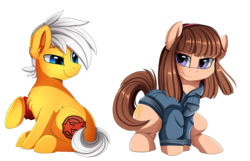 Size: 2600x1675 | Tagged: safe, artist:pridark, oc, oc only, oc:rise, oc:starcross, earth pony, pony, arm warmers, clothes, commission, duo, headband, jacket, looking at each other, raised hoof, simple background, sitting, smiling, smirk, transparent background