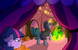 Size: 1024x652 | Tagged: safe, artist:rutkotka, twilight sparkle, headless horse, pony, unicorn, g4, angry, clothes, costume, funny, halloween, halloween costume, headless, holiday, magic, night, rearing, spell, tent