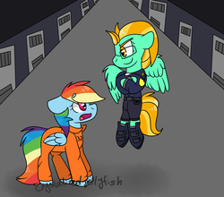 Size: 1024x900 | Tagged: safe, artist:crystalizedjellyfish, lightning dust, rainbow dash, pegasus, pony, g4, clothes, commission, commissioner:rainbowdash69, female, flying, jail, jumpsuit, mare, never doubt rainbowdash69's involvement, officer ld, police officer, police uniform, prison, prison outfit, prisoner rd