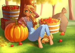 Size: 1280x905 | Tagged: safe, artist:glorious-rarien, applejack, earth pony, anthro, unguligrade anthro, g4, apple, apple tree, bag, bare hooves, basket, bushel basket, clothes, crate, dappled sunlight, ear fluff, female, food, freckles, hair tie, hand on head, jumper, mare, missing accessory, overalls, plaid shirt, pumpkin, resting, sack, shirt, sitting, smiling, solo, sweet apple acres, tree