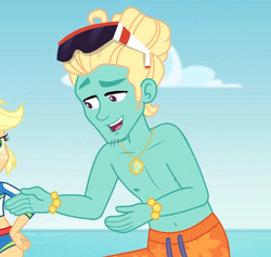 Size: 708x670 | Tagged: safe, screencap, applejack, zephyr breeze, human, blue crushed, equestria girls, equestria girls series, g4, clothes, cropped, male, male nipples, nipples, offscreen character, partial nudity, shorts, smiling, sunglasses, swimming trunks, topless, zephyr's necklace