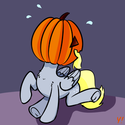 Size: 1000x1000 | Tagged: safe, artist:yakoshi, derpy hooves, pegasus, pony, g4, 30 minute art challenge, chest fluff, cute, derpabetes, derpy being derpy, female, halloween, holiday, i just don't know what went wrong, jack-o-lantern, mare, pumpkin, raised hoof, silly, silly pony, solo, underhoof