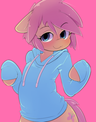 Size: 1665x2115 | Tagged: safe, artist:hoodie, fluttershy, semi-anthro, g4, arm hooves, blushing, butterscotch, clothes, hoodie, rule 63, smiling, solo, sweater