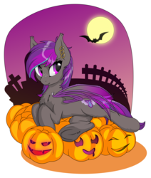 Size: 3000x3545 | Tagged: safe, artist:up1ter, oc, oc only, oc:platinum wing, bat pony, pony, bat pony oc, commission, frog (hoof), full moon, halloween, high res, holiday, jack-o-lantern, moon, pumpkin, simple background, solo, transparent background, underhoof, ych result