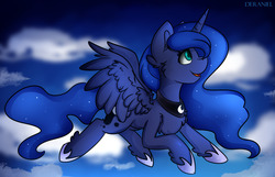 Size: 1278x823 | Tagged: safe, artist:deraniel, princess luna, alicorn, pony, g4, chest fluff, cloud, cute, female, flying, hoof shoes, mare, open mouth, peytral, sky, smiling, solo, spread wings, wings