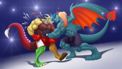 Size: 3945x2218 | Tagged: safe, artist:ponyanony, discord, dragon lord torch, draconequus, dragon, anthro, g4, boxing, deltscord, duo, duo male, fetish, high res, male, muscle fetish, muscles, muscular male, sports