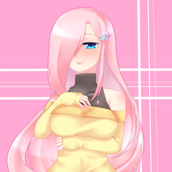 Size: 2000x2000 | Tagged: safe, artist:nutthefox, fluttershy, human, g4, anime, blushing, breasts, busty fluttershy, clothes, female, hair over one eye, high res, humanized, solo, sweater, sweatershy