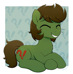Size: 2024x2042 | Tagged: safe, artist:moozua, oc, oc only, oc:green ganache, earth pony, pony, chest fluff, commission, cute, exclamation point, eyes closed, high res, interrobang, interrobang (glyph), lying down, male, question mark, smiling, solo, stallion, whiskers
