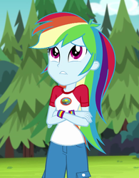 Size: 523x669 | Tagged: safe, screencap, rainbow dash, equestria girls, g4, my little pony equestria girls: legend of everfree, camp everfree outfits, clothes, cropped, crossed arms, female, pants, solo