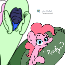 Size: 1280x1280 | Tagged: safe, artist:hotkoin, pinkie pie, oc, oc:afccvitb, insect, pony, g4, claw, dialogue, imminent vore, mouth, pinkie prey, question