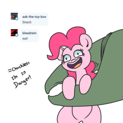 Size: 1280x1280 | Tagged: safe, artist:hotkoin, pinkie pie, oc, oc:afccvitb, pony, g4, chuckles i'm in danger, claw, dialogue, i'm in danger, imminent vore, meme, pinkie prey, simpsons did it, smiling