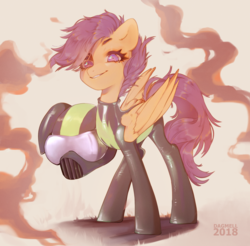 Size: 1931x1901 | Tagged: safe, artist:dagmell, scootaloo, pegasus, pony, g4, the washouts (episode), clothes, female, filly, helmet, hoof hold, pint-sized dynamite, solo, uniform, washouts uniform