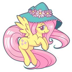 Size: 1080x1080 | Tagged: safe, artist:anzicorn, fluttershy, pegasus, pony, g4, cute, cutie mark, female, flower, flying, hat, mare, shyabetes, simple background, smiling, solo