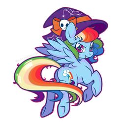 Size: 1080x1080 | Tagged: safe, artist:anzicorn, rainbow dash, pegasus, pony, g4, cute, dashabetes, female, flying, hat, looking at you, looking back, looking back at you, mare, moe, simple background, solo, witch hat