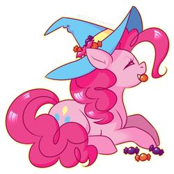 Size: 1080x1080 | Tagged: safe, artist:anzicorn, pinkie pie, earth pony, pony, g4, candy, eating, eyes closed, female, food, hat, mare, prone, simple background, solo, witch hat