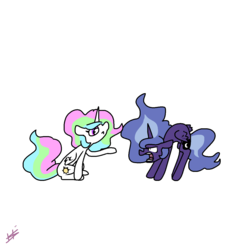 Size: 1280x1280 | Tagged: safe, artist:hotkoin, princess celestia, princess luna, alicorn, cat, pony, g4, :<, angry, arched back, behaving like a cat, cute, duo, eye contact, female, floppy ears, frown, glare, looking at each other, mare, open mouth, raised hoof, royal sisters, simple background, sitting, white background, wide eyes