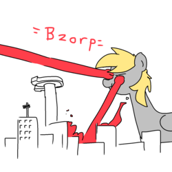 Size: 1280x1280 | Tagged: safe, artist:hotkoin, derpy hooves, pony, g4, city, derpyzilla, derpzilla, dialogue, eye beams, giant derpy hooves, giant pony, laser, macro, partial color