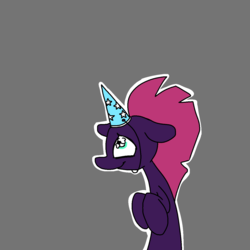 Size: 1280x1280 | Tagged: safe, artist:hotkoin, tempest shadow, pony, unicorn, g4, female, floppy ears, hat, hooves to the chest, horn, looking at something, looking up, mare, outline, party hat, simple background, smiling, solo, tempest gets her horn back
