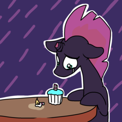 Size: 1280x1280 | Tagged: safe, artist:hotkoin, tempest shadow, pony, unicorn, g4, birthday, broken, broken horn, candle, crying, cupcake, female, food, happy birthday to me, horn, sad, solo