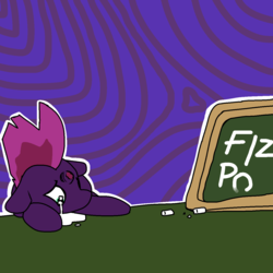 Size: 1280x1280 | Tagged: safe, artist:hotkoin, fizzlepop berrytwist, tempest shadow, pony, unicorn, g4, abstract background, broken, broken horn, chalkboard, crying, female, floppy ears, horn, looking down, mare, ptsd, sad, solo, table, wide eyes, writing