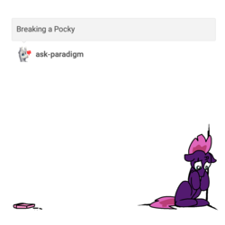 Size: 1280x1280 | Tagged: safe, artist:hotkoin, tempest shadow, pony, g4, broken horn, candy, corner, female, floppy ears, food, horn, looking down, pocky, ptsd, sad, simple background, solo, tumblr, white background