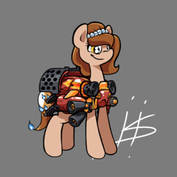 Size: 1280x1280 | Tagged: safe, artist:hotkoin, oc, oc only, oc:brownie bun, earth pony, pony, horse wife, armor, engine, female, fire, firebat, flame decal, gray background, jetpack, mare, rocket, signature, simple background, smiling, solo, some mares just want to watch the world burn, starcraft, terran, this will end in fire