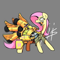 Size: 1280x1280 | Tagged: safe, artist:hotkoin, fluttershy, pony, g4, armor, engine, female, implied angel bunny, jetpack, rocket, solo, tongue out
