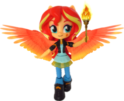 Size: 877x711 | Tagged: safe, artist:whatthehell!?, sunset shimmer, equestria girls, g4, boots, clothes, doll, dress, equestria girls minis, irl, jacket, pants, photo, shoes, simple background, solo, torch, toy, transparent background, wings