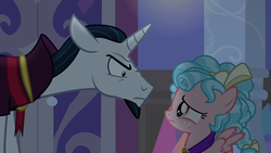 Size: 1280x720 | Tagged: safe, screencap, chancellor neighsay, cozy glow, pegasus, pony, unicorn, g4, school raze, eye contact, female, filly, looking at each other, male, stallion