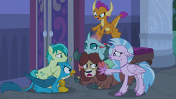 Size: 1280x720 | Tagged: safe, screencap, gallus, ocellus, sandbar, silverstream, smolder, yona, changedling, changeling, classical hippogriff, dragon, earth pony, griffon, hippogriff, pony, yak, g4, school raze, bow, cloven hooves, colored hooves, dragoness, female, hair bow, jewelry, male, monkey swings, necklace, ocellus riding yona, ponies riding griffons, riding, sandbar riding gallus, student six, teenager