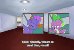 Size: 3750x2550 | Tagged: safe, artist:chiptunebrony, master kenbroath gilspotten heathspike, spike, g3, g4, 35th anniversary, crossover, disgusted, engrish, fake screencap, generational dragondox, hallway, high res, laughing, open mouth, self dragondox, subtitles, tongue out, unamused