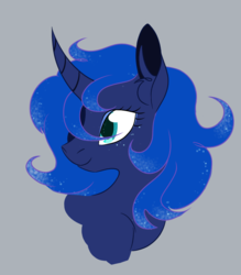 Size: 700x800 | Tagged: safe, artist:puddingskinmcgee, princess luna, alicorn, pony, g4, alternate hairstyle, bust, curved horn, female, gray background, horn, mare, portrait, simple background, solo