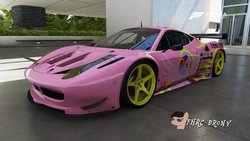 Size: 1024x576 | Tagged: safe, artist:forzaveteranenigma, oc, oc:aurelia charm, fanfic:equestria motorsports, car, ferrari, ferrari 458 competizione, ferrari 458 italia, forza motorsport 6, photo, racecar