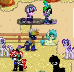 Size: 1079x1056 | Tagged: safe, sandbar, spike, starlight glimmer, twilight velvet, oc, oc:dragon chick, dracony, earth pony, hybrid, pony, unicorn, pony town, g4, unamused