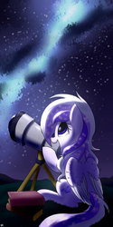 Size: 1024x2048 | Tagged: safe, artist:richard-skip, oc, oc only, oc:starstorm slumber, pegasus, pony, book, female, happy, night, sitting, smiling, solo, stars, telescope